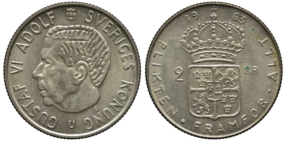 Швеция 2 кроны 1963 U, Густав VI Адольф (1950-1973) KM 827 серебро 00-00