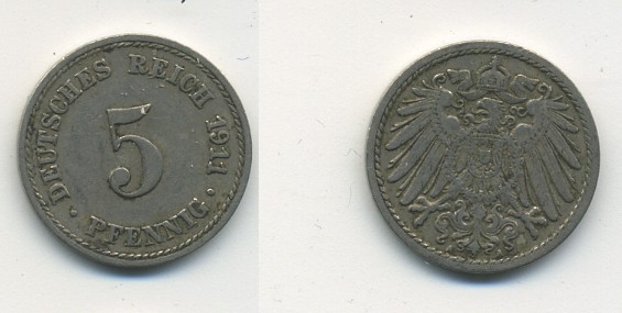 Германия 5 пфеннигов 1911 A KM 11, J. 12, Weege 6 медно-никель 25-425