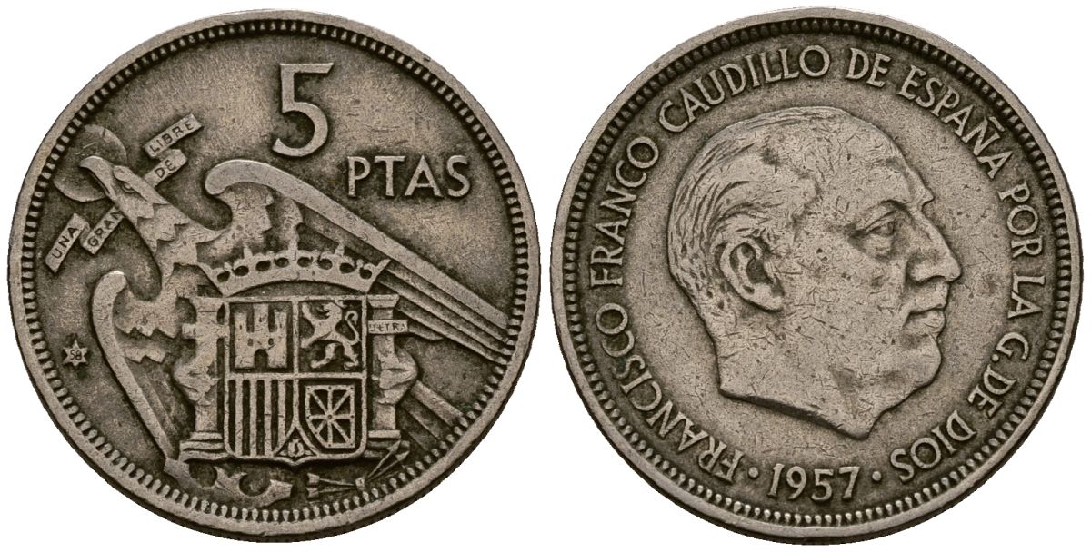 Испания 5 песет 1957 Франсиско Франко (1939 - 1975) KM 786 медно-никель 4177-856