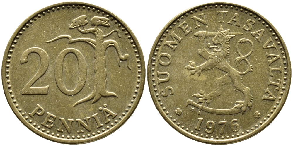 ФИНЛЯНДИЯ 20 ПЕННИ 1976 K KM 47 алюминиевая бронза 45-524