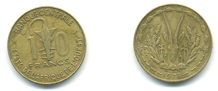 ЗАПАДНАЯ АФРИКА 10 ФРАНКОВ 1978 KM 1а алюминий никель бронза 86-1647