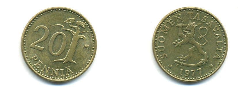ФИНЛЯНДИЯ 20 ПЕННИ 1977 K KM 47 алюминиевая бронза 80-437