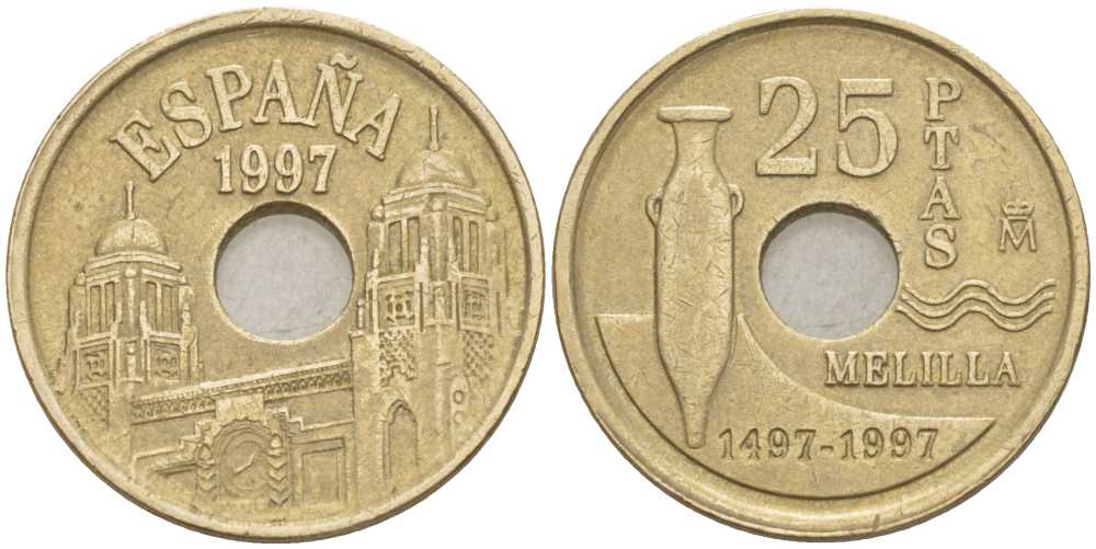 Испания 25 песет 1997 Мелилья (Melilla), Хуан Карлос I (1975-2014) KM 983 латунь 213-221