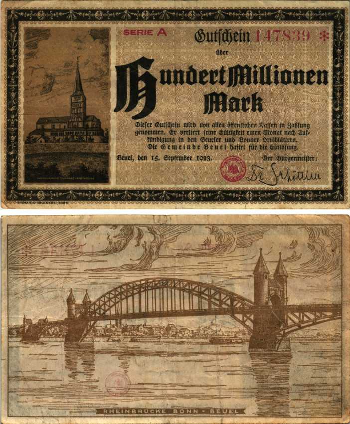 БЕЙЕЛЬ 100000000 МАРОК 1923 НОТГЕЛЬД, 15 СЕНТЯБРЯ 1923, ЗЕМЛЯ СЕВЕРНЫЙ РЕЙН-ВЕСТФАЛИЯ, СЕРИЯ А Keller 389c бумага 6300-36-3-1