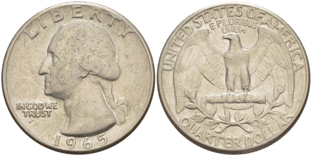 США 25 центов (квотер) 1965 Вашингтон KM 164a медь плакированная медно-никелем 4544-455