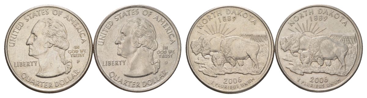 США набор обоих монетных дворов 25 центов (квотер, 1/4 доллара) 2006 D и P, Квотер штата Северная Дакота KM 385 медь плакированный медно-никелем UNC 4629-131-132
