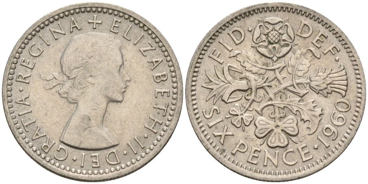 Великобритания 6 пенсов 1960 Елизавета II (1952-2022) KM 903, Spink 4149 медно-никель 4596-1043