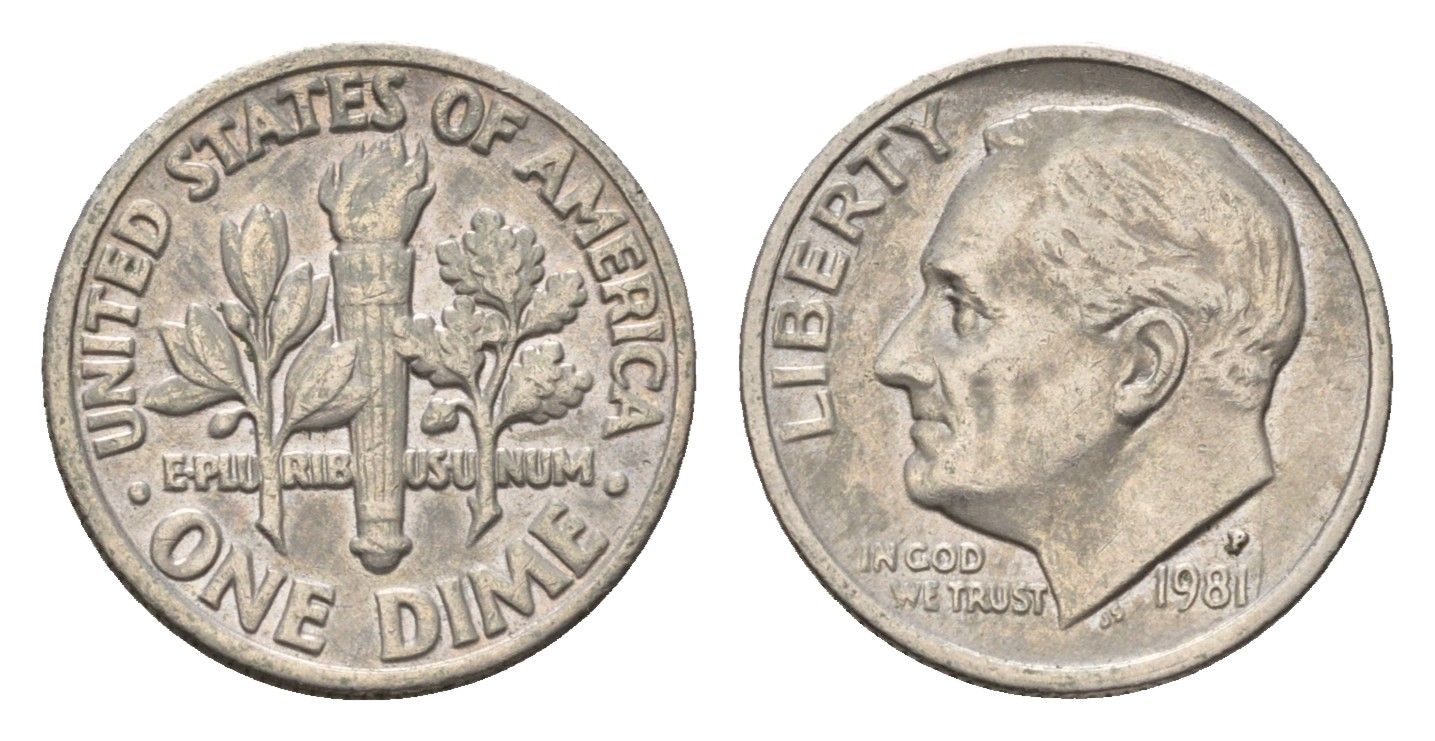США 10 центов (дайм) 1981 P, Рузвельт KM 195a медь плакированная медно-никелем 4674-548