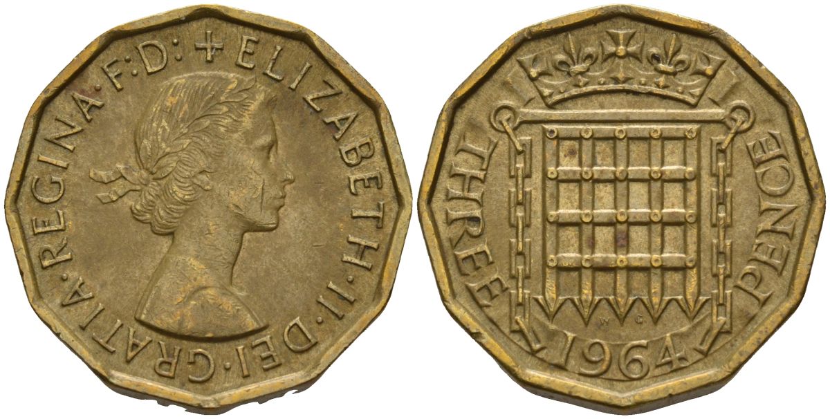 Великобритания 3 пенса 1964 Елизавета II (1952-2022) KM 900, Spink 4153 никель латунь 4153-742