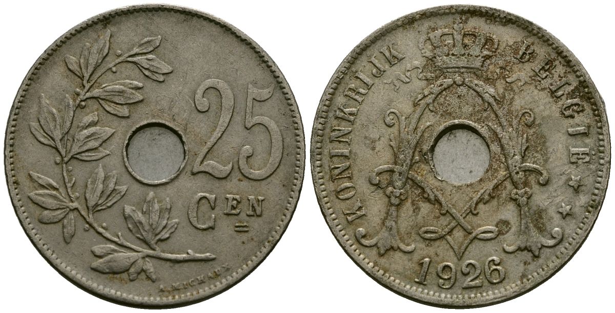 Бельгия 25 сантимов 1926 Belgie KM 69 медно-никель 4165-926