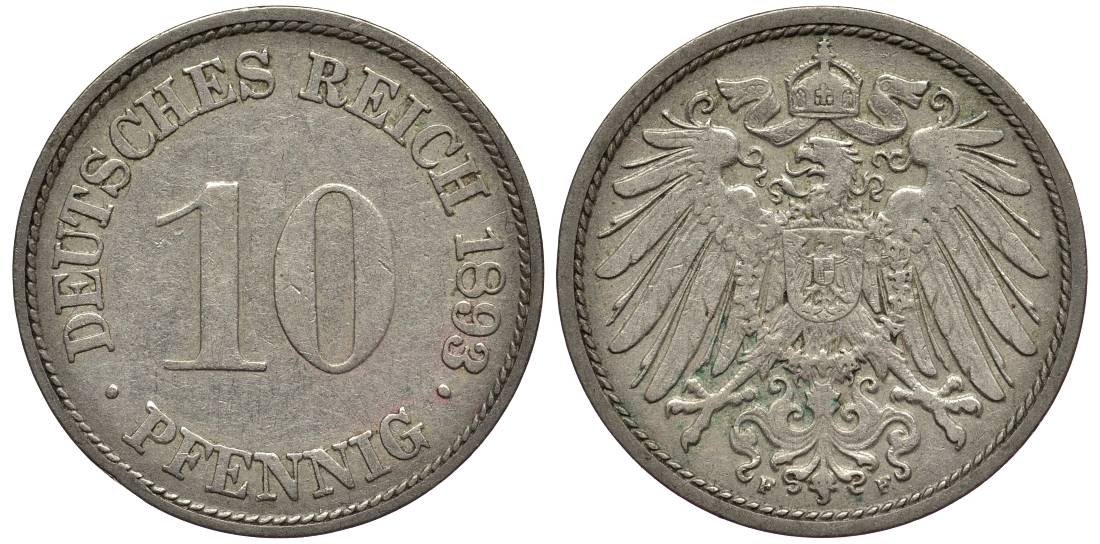 ГЕРМАНИЯ 10 ПФЕННИГОВ 1893 F KM 12, Jager 13, Weege 8 медно-никель 4382-1126