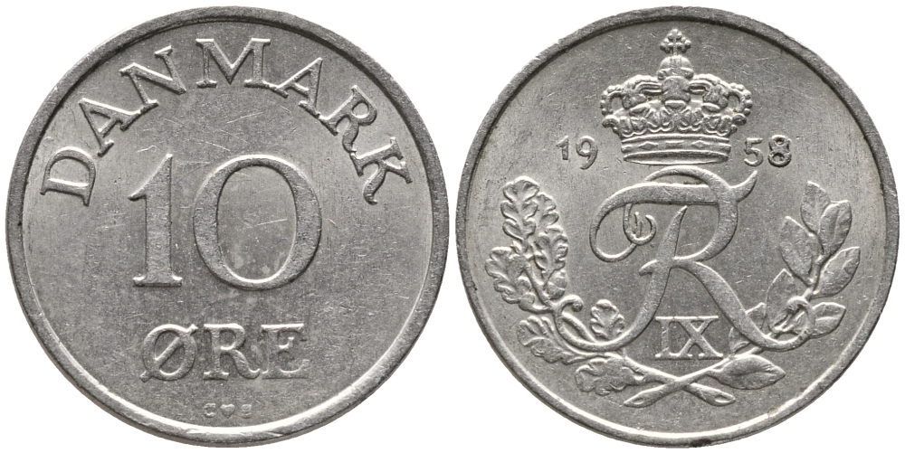 ДАНИЯ 10 ЭРЕ 1958 C; S, ФРЕДЕРИК IX (1947-1972) KM 841.2 медно-никель 100-731