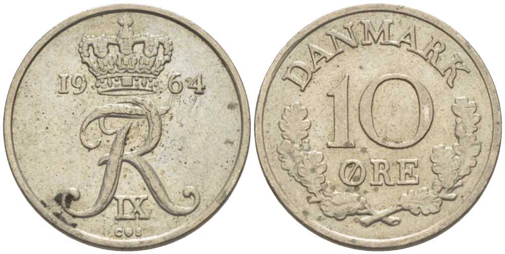 Дания 10 эре 1964 C; S, Фредерик IX (1947-1972) KM 849.1 медно-никель 4387-922
