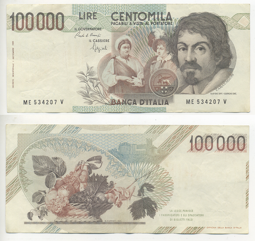 Италия 100000 лир 1983 Караваджо, фруктовый букет, подпись Speziali Pick 110b бумага 7220-19-1