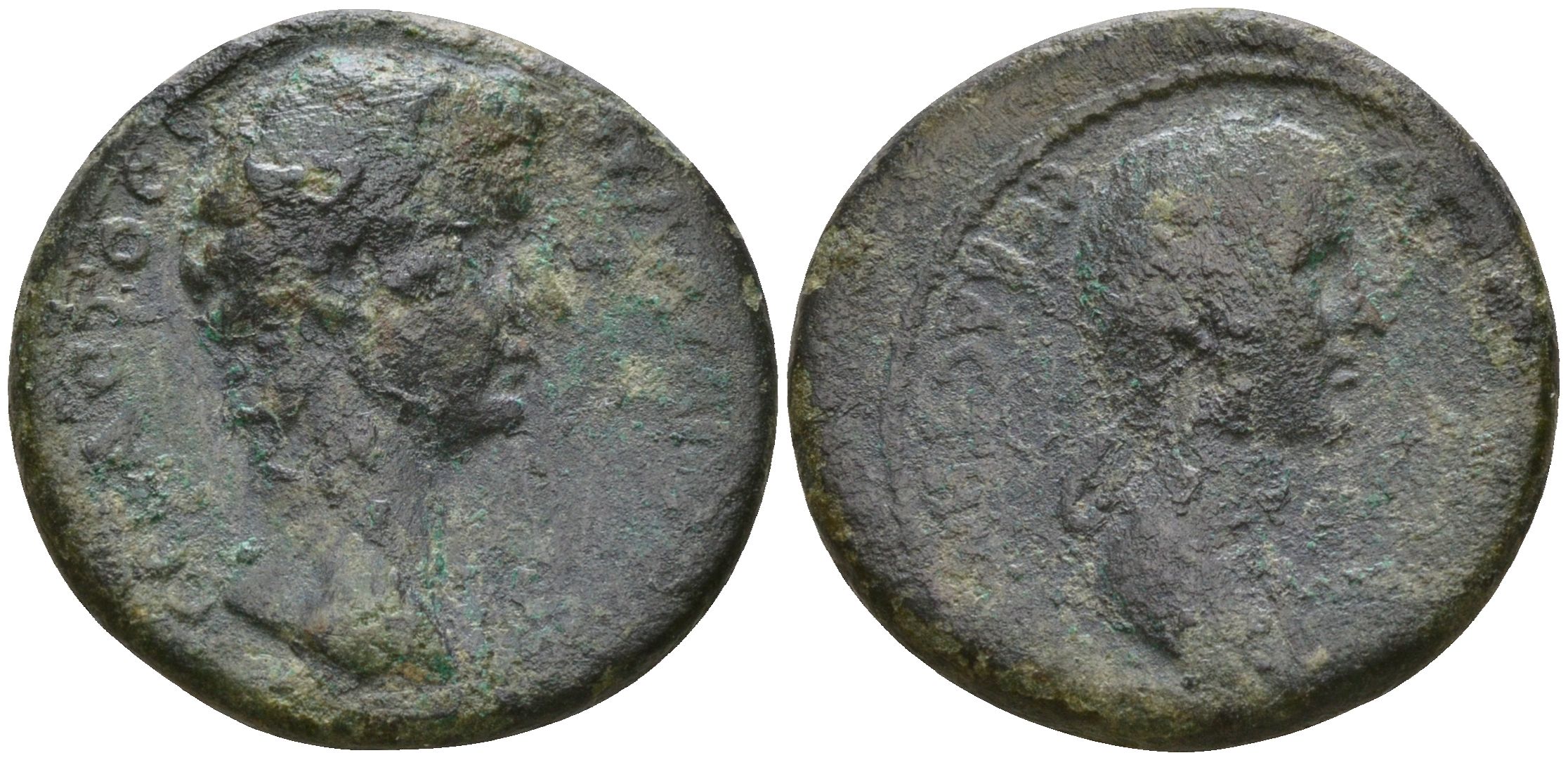 Римская Империя, Провинция Азия, Лидия, Фиатира AE 50 - 54 Клавдий, бюст императора / бюст Агриппины Младшей, жены Клавдия и матери Нерона RPC 2380 бронза 1100-7-51