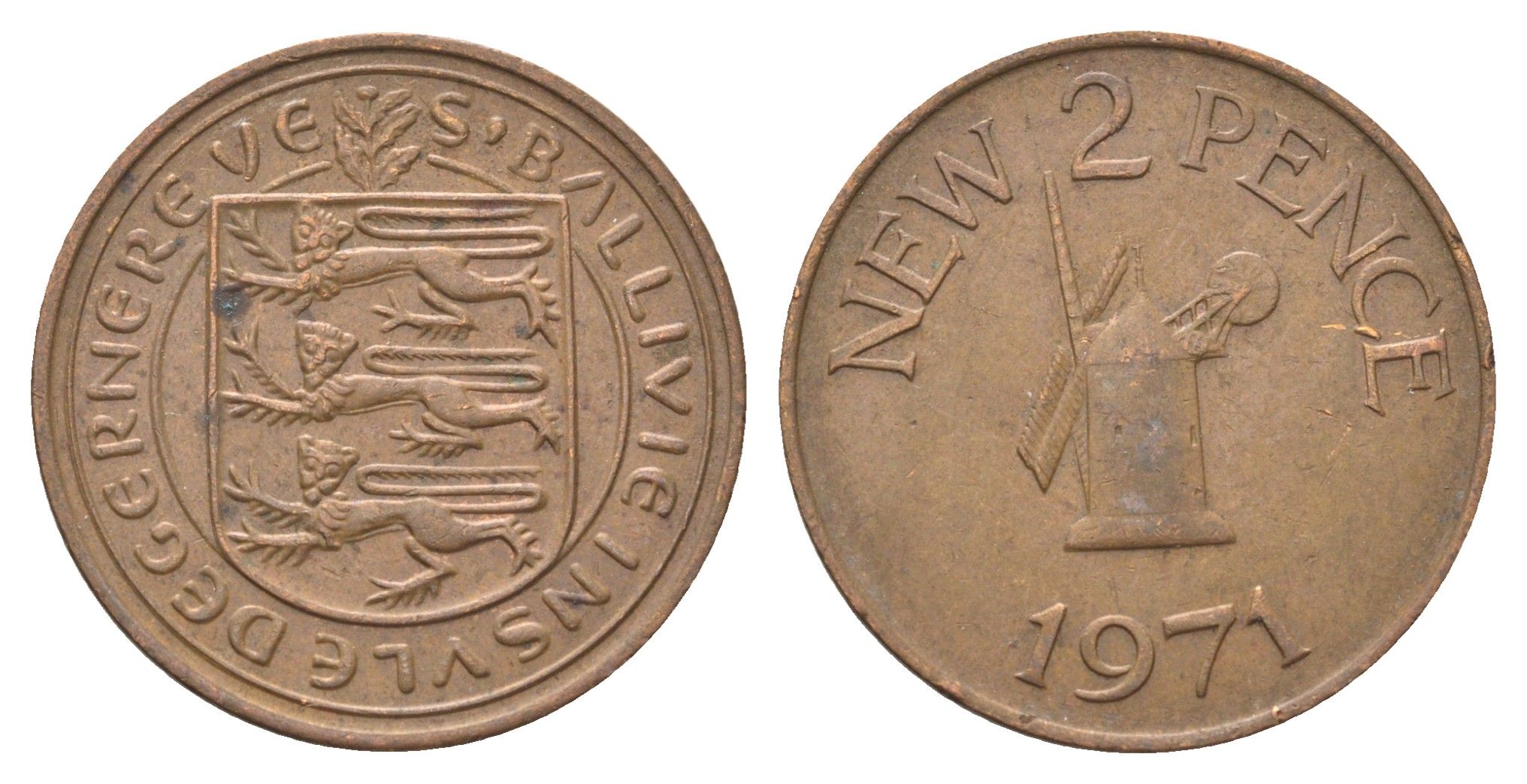 Гернси 2 новых пенса 1971 Елизавета II (1952-2022), ветряная мельница KM 22 бронза 4703-1143