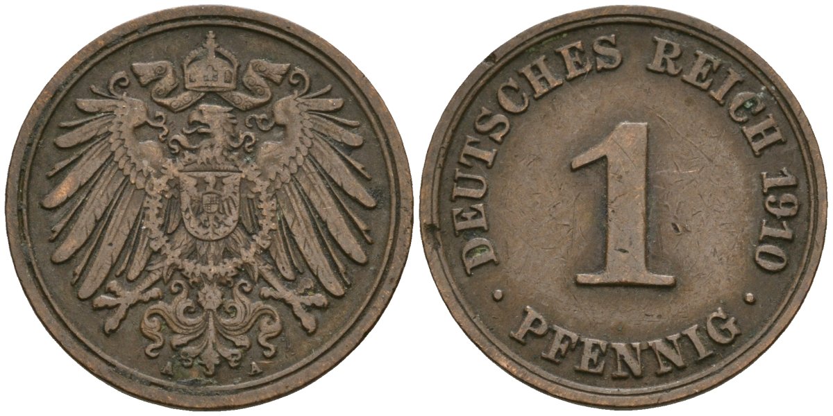 Германия 1 пфенниг 1910 A, Вильгельм II (1888-1918) KM 10, J. 10 медь 4608-114