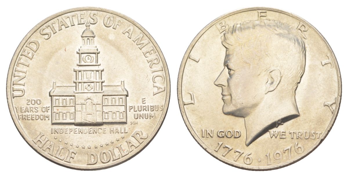 США 1/2 доллара (50 центов) 1976 200 лет независимости, Джон Кеннеди KM 205 медь плакированная медно-никелем aUNC 4545-215