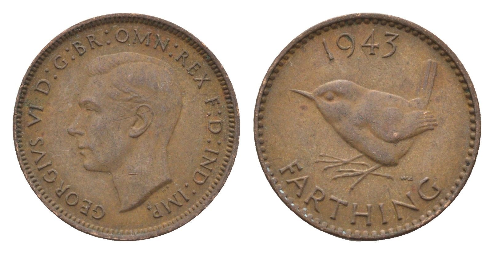 Великобритания 1 фартинг 1943 Георг VI (1936-1952) KM 843, Spink 4116 бронза 4664-345