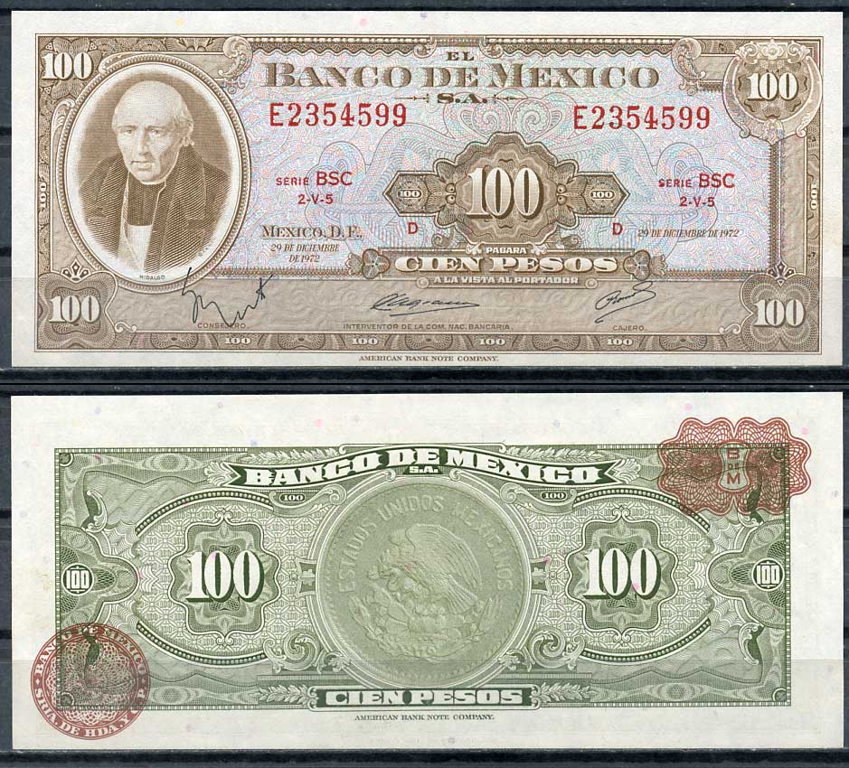 Мексика 100 песо 1972 29 декабря 1972, серия BSC, Мигель Идальго-и-Костилья священник и вождь революции, красный штамп Pick 61h  бумага  UNC (пресс) 00-00