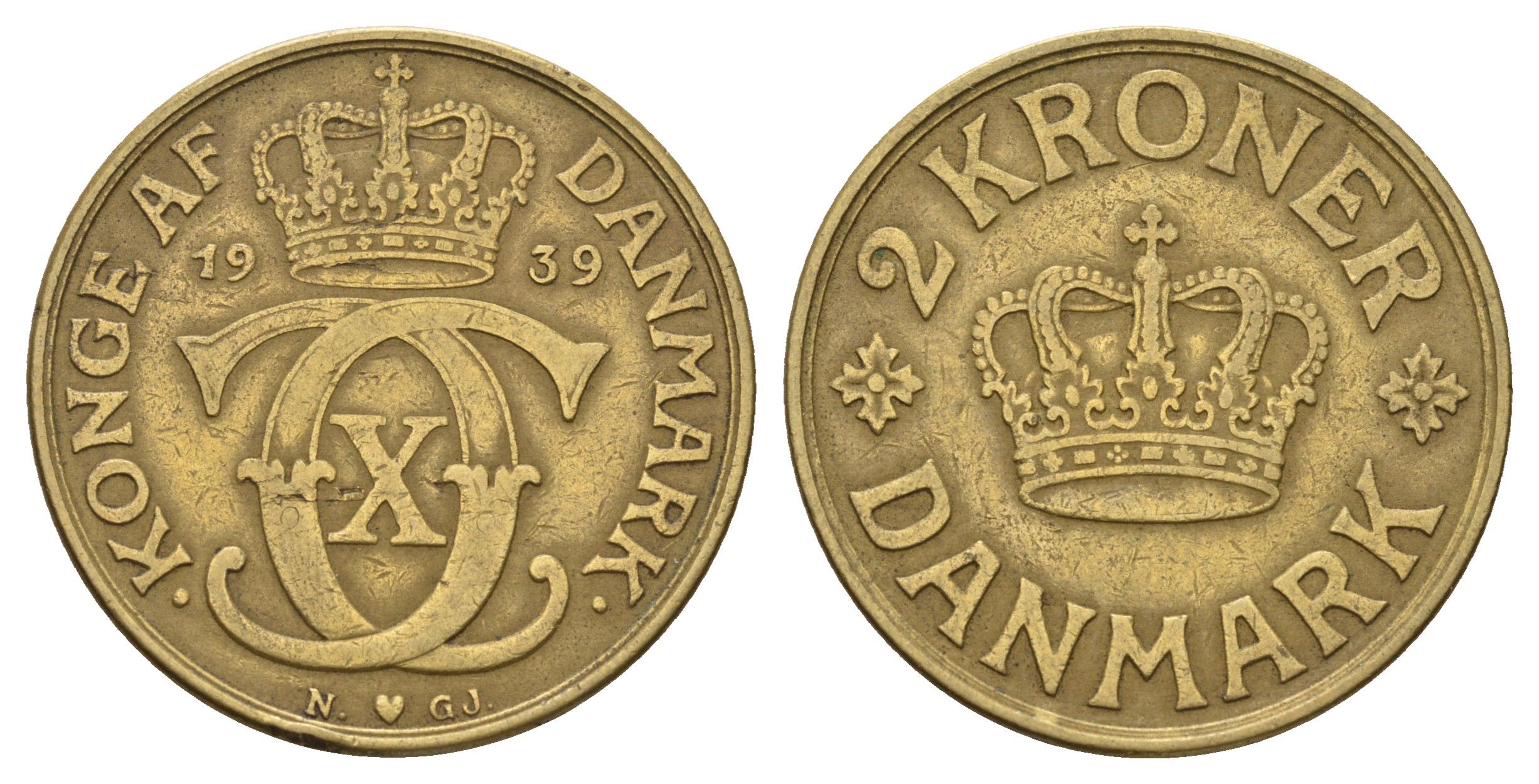 Дания 2 кроны 1939 N; GJ, Кристиан X (1912-1947) KM 825 алюминиевая бронза 82-1133