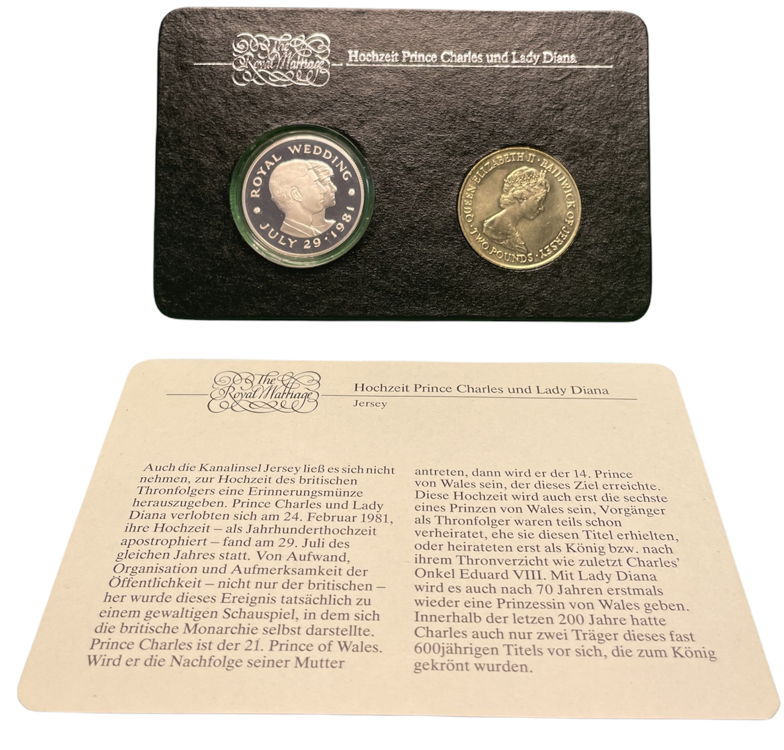 Джерси набор из 2 монет по 2 фунта 1981 королевская свадьба принца Чарльза и леди Дианы Спенсер, 29 июля 1981 года, в буклете KM 52, 52а серебро, медно-никель PROOF, UNC 5-6-4-09