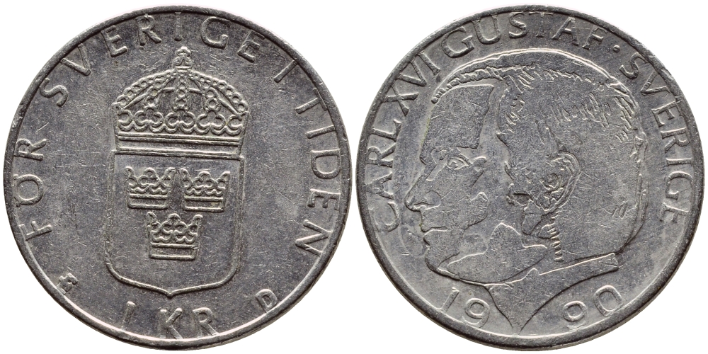 Швеция 1 крона 1990 Карл XVI Густав (1973- ) KM 852a медно-никель 4398-1253
