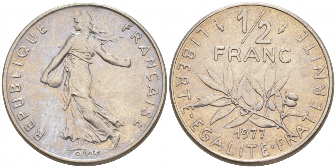 ФРАНЦИЯ 1/2 ФРАНКА 1977 СЕЯТЕЛЬ KM 931.1, LE FRANC 198.16 никель 187-126