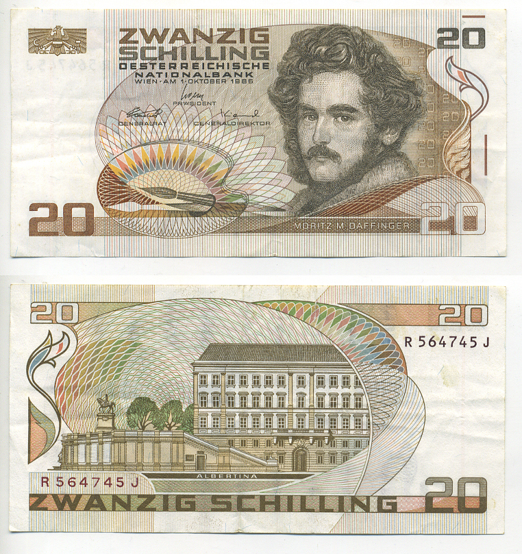 АВСТРИЯ 20 ШИЛЛИНГОВ 1986 (1988) 1 ОКТЯБРЯ 1986, МОРИЦ МИХАЭЛЬ ДАФФИНГЕР, ВЕНСКИЙ ХУДОЖЕСТВЕННЫЙ МУЗЕЙ АЛЬБЕРТИНА Pick 148 бумага 6293-23-1