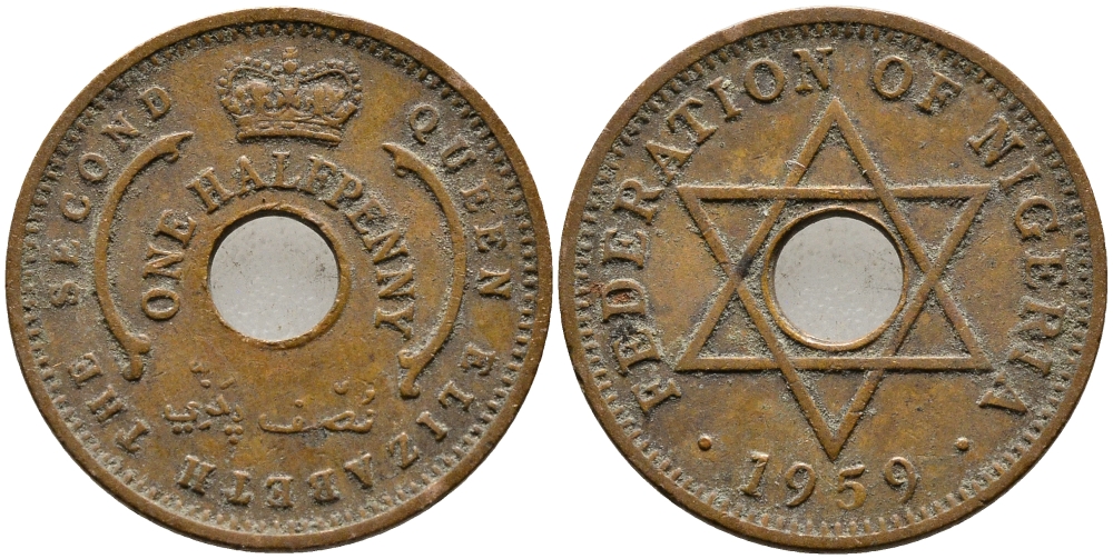 Нигерия 1/2 пенни 1959 Елизавета II (1952-), Британский протекторат KM 1 бронза 4387-531