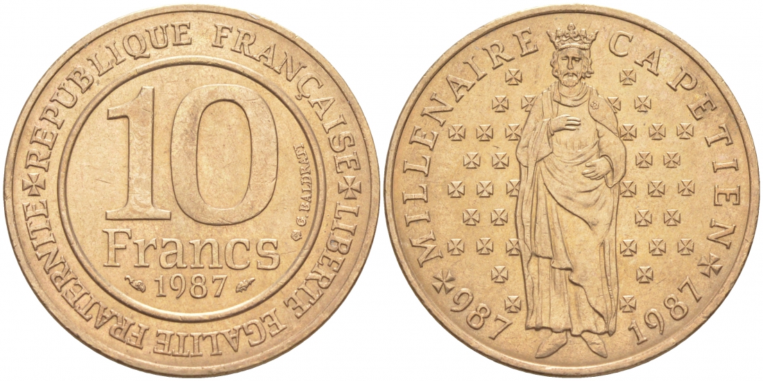 Франция 10 франков 1987 1000 лет первому королю Франции Гуго Капету KM 961 d, Le Franc 371.2 никелированная бронза 3855-733