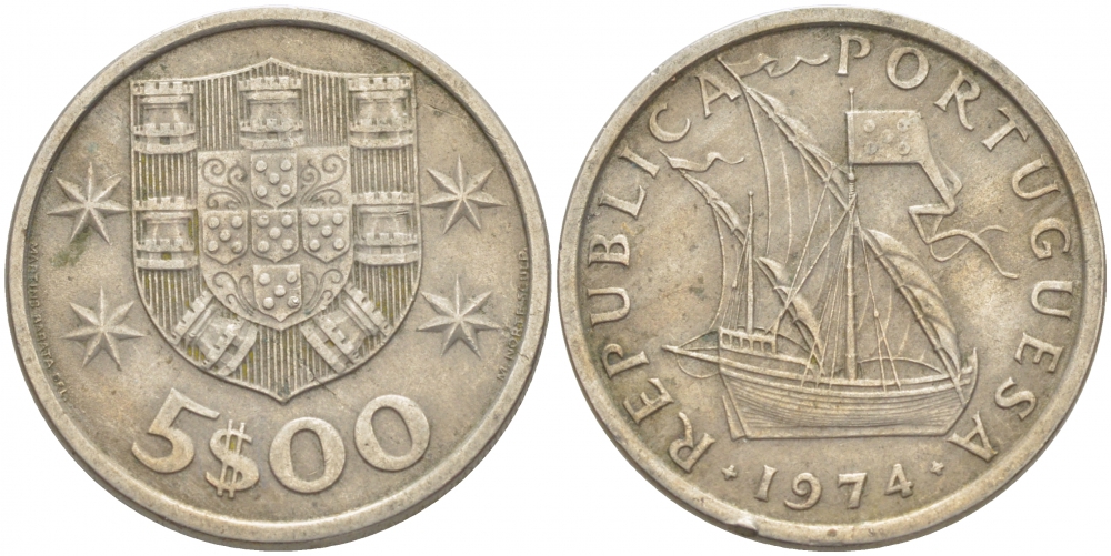 ПОРТУГАЛИЯ 5 ЭСКУДО 1974 ПАРУСНИК KM 591 медно-никель 3718-456