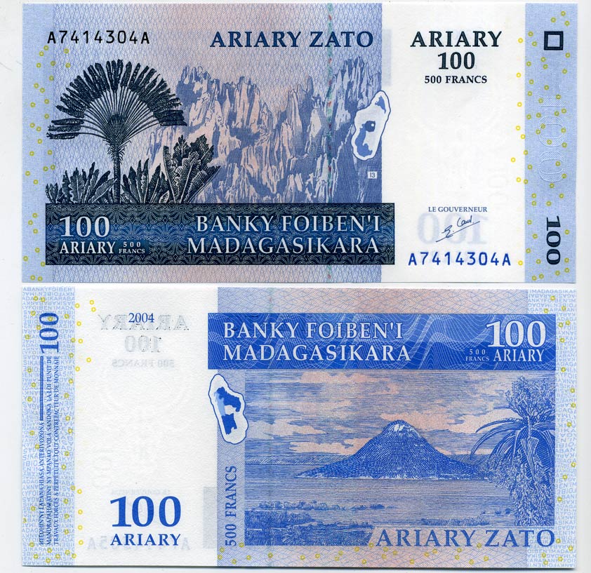 Мадагаскар 100 ариари (500 франков) 2004 заповедник, пейзаж с вулканом,  подпись 5 Pick 86 а бумага UNC (пресс) 448-87-1