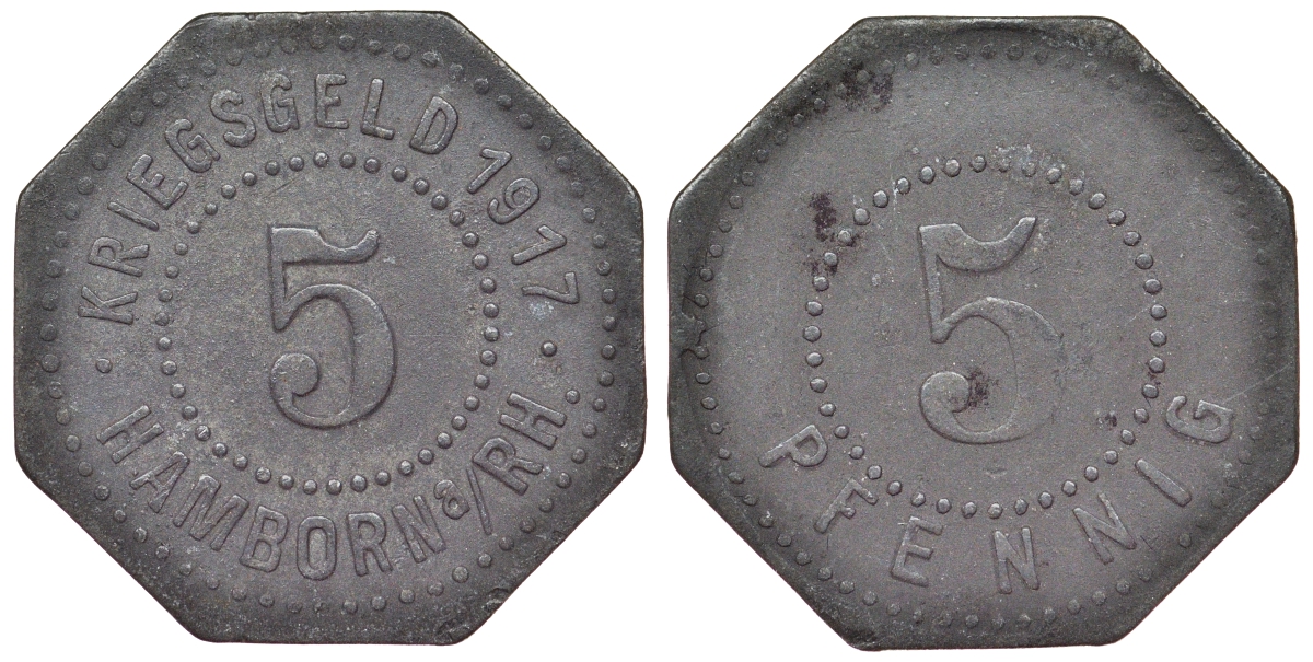 Германия, Хамборн 5 пфеннигов 1917 Дуйсбург, Северный Рейн-Вестфалия, нотгельд Funck 190.2 цинк 4119-1053