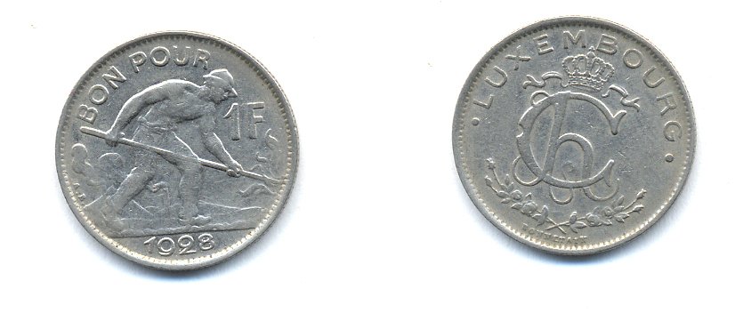 ЛЮКСЕМБУРГ 1 ФРАНК 1928 KM 35 никель 4379-246