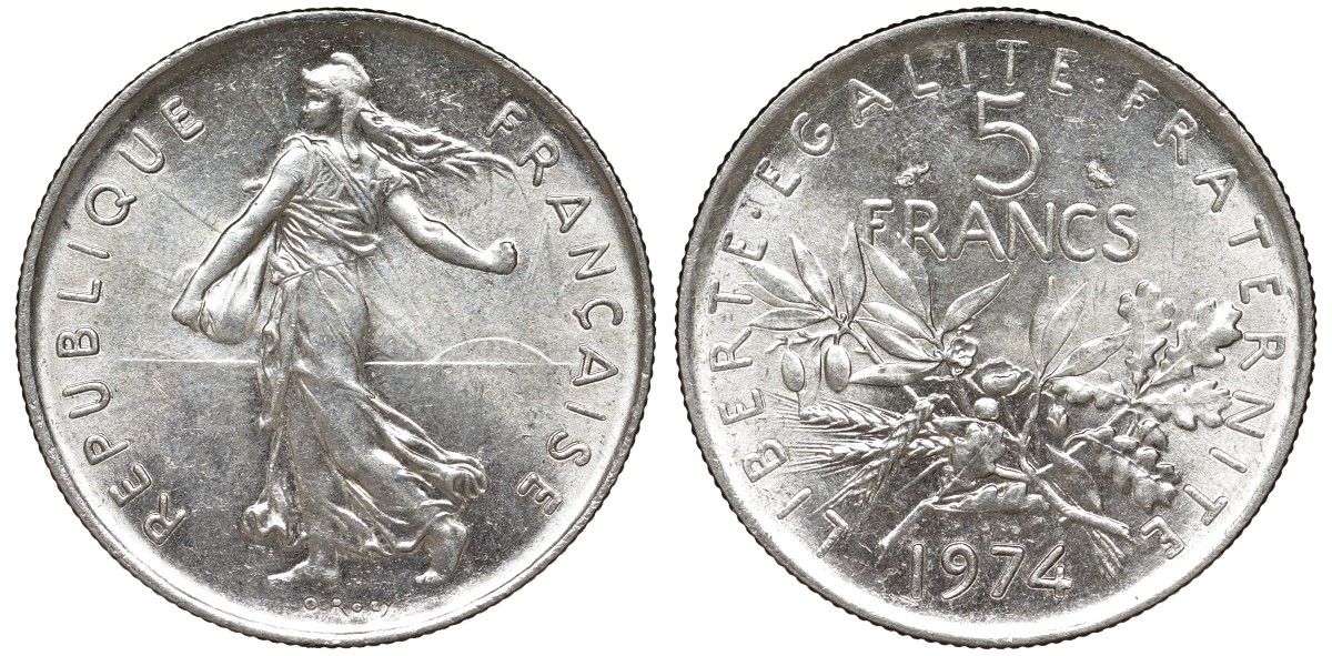 Франция 5 франков 1974 сеятель KM 926a.1, Le Franc 341.6 медно-никель плакированный никелем 51-4123келем 51-4123