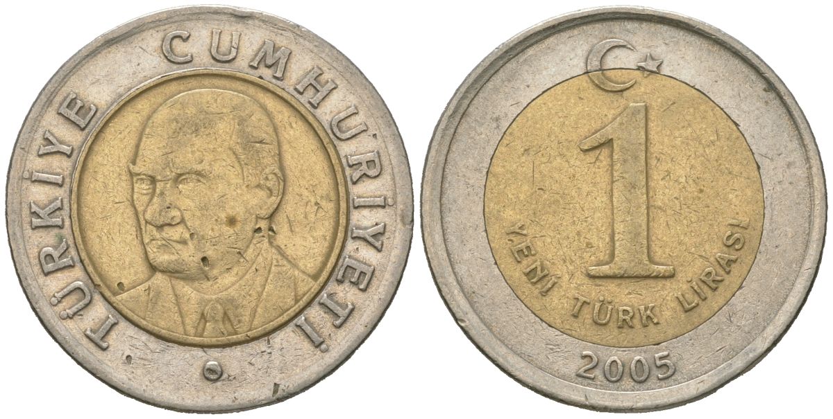 Турция 1 лира 2005 Кемаль Ататюрк KM 1169 биметалл 4620-557
