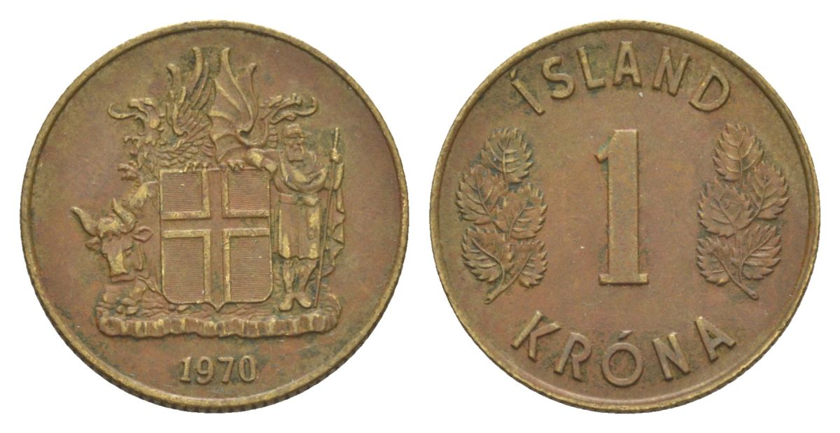 Исландия 1 крона 1970 KM 12a никель латунь 4633-1245