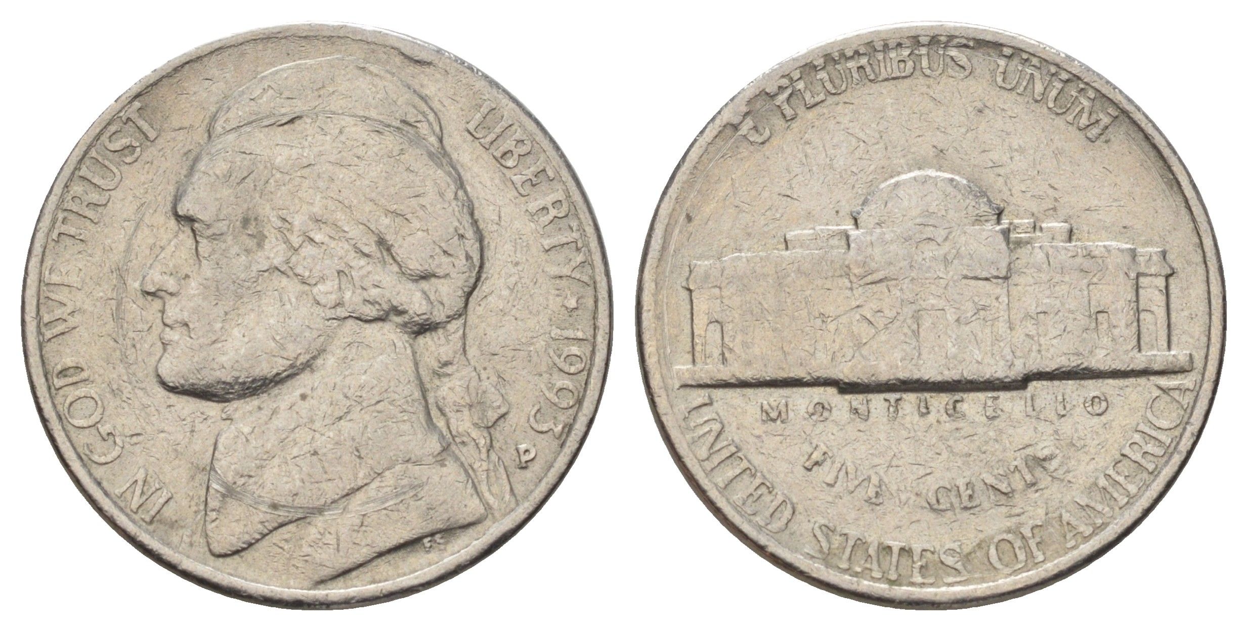 США 5 центов 1993 P, Джефферсон KM A192 медно-никель 4671-1155