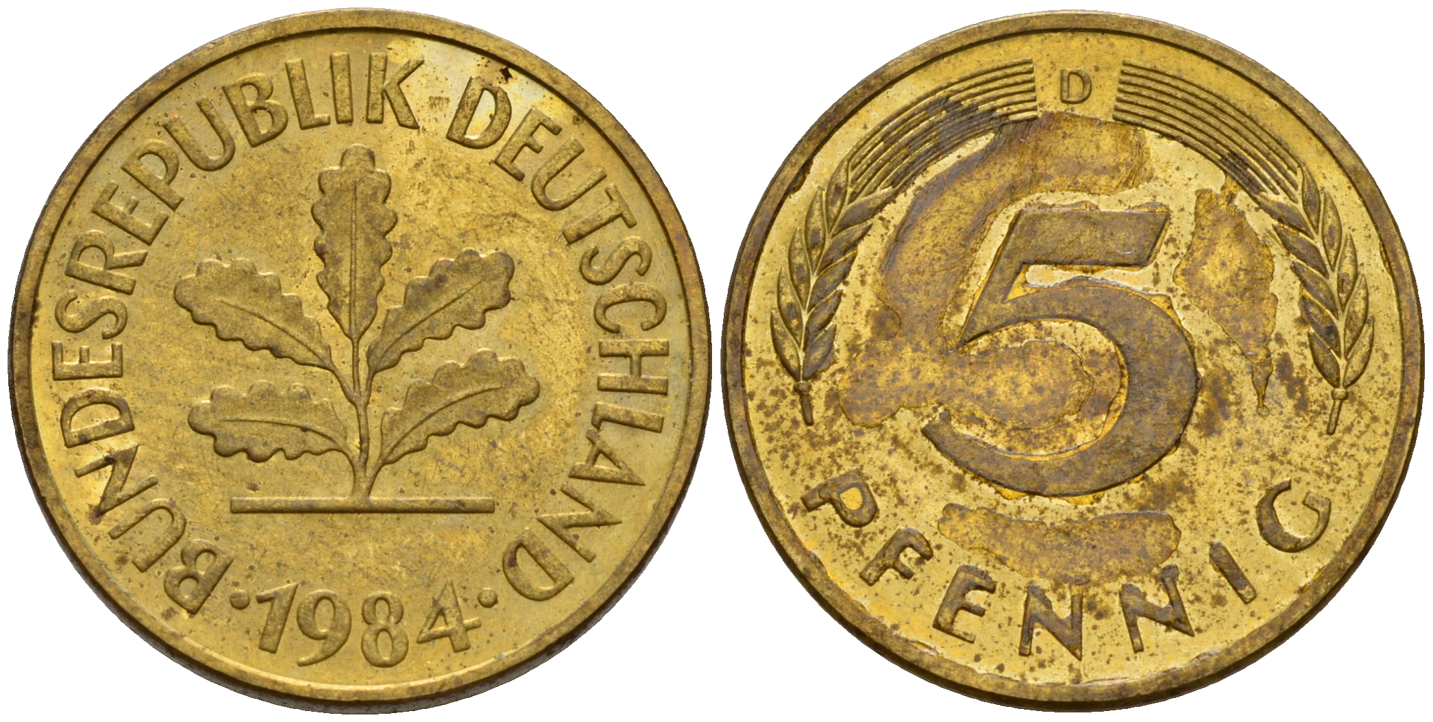 ФРГ 5 пфеннигов 1984 D J.382, KM 107 сталь плакированная латунью    4598-1036