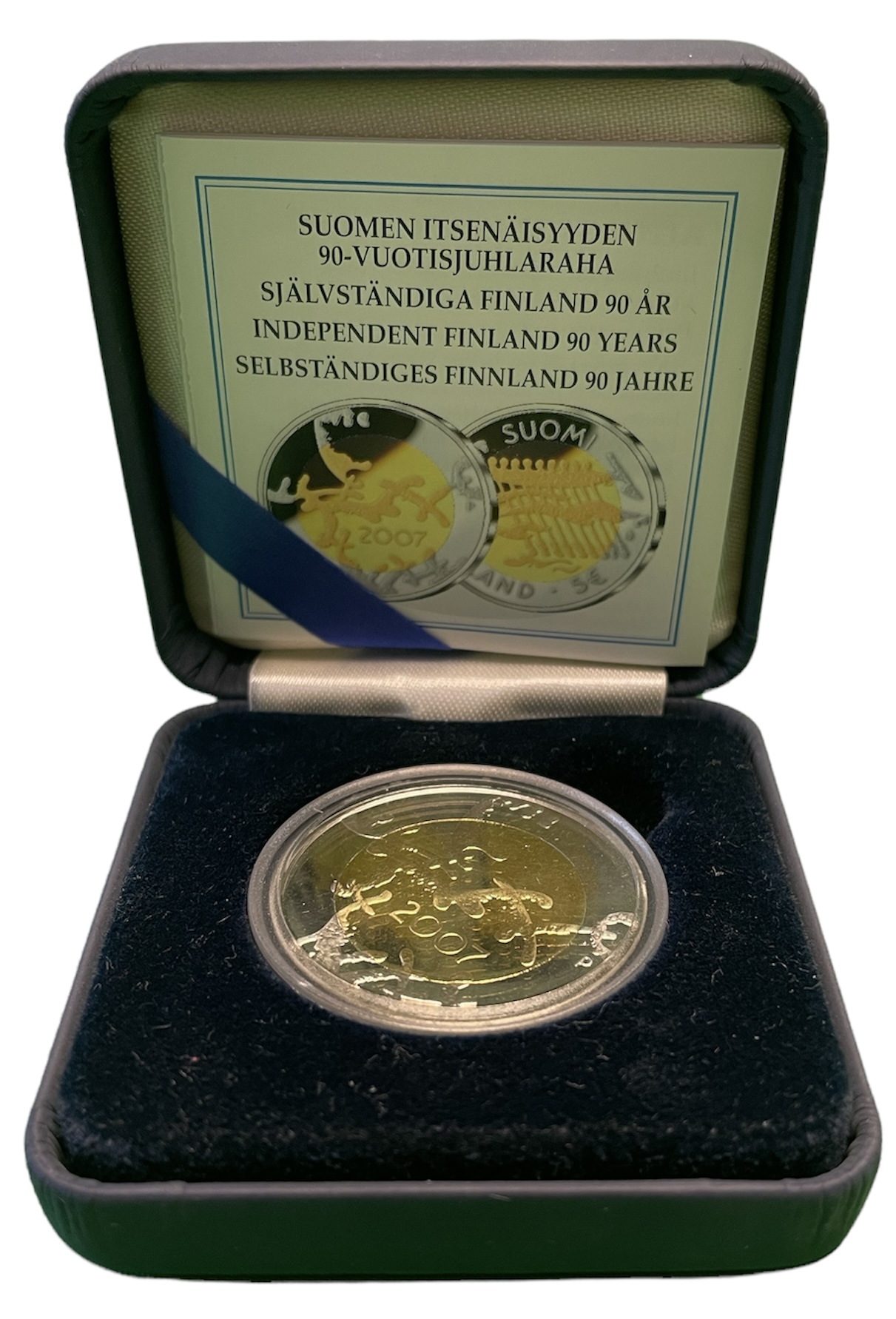 Финляндия 5 евро 2007 90 лет независимости Финляндии в оригинальной коробке, с сертификатом, тираж 20000 экз. KM  биметалл  PROOF  4-3-4-47