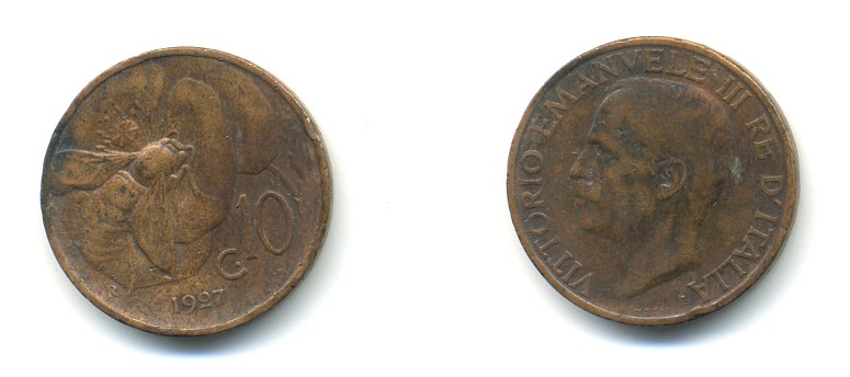 ИТАЛИЯ 10 ЧЕНТЕЗИМО 1927 R ВИКТОР ЭММАНУИЛ KM 60 медь 80-1216