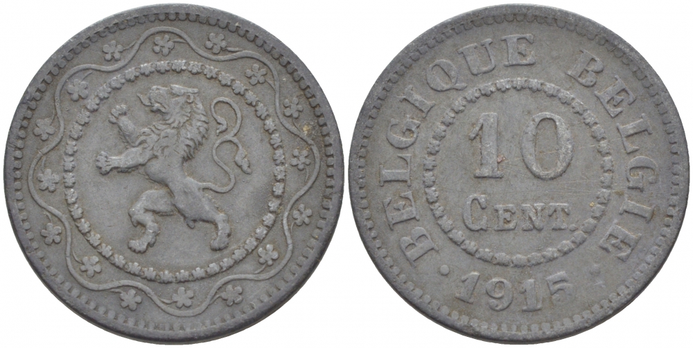 БЕЛЬГИЯ 10 САНТИМОВ 1915 НЕМЕЦКАЯ ОККУПАЦИЯ, ПЕРВЫЙ ГОД KM 81 цинк 4529-136
