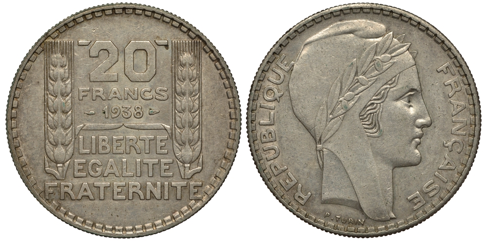 Франция 20 франков 1938 Пьер Тюрен KM 879, Le Franc 400.7 серебро 633-1033
