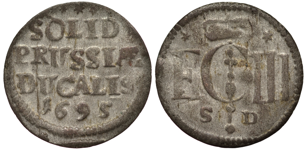 Бранденбург-Пруссия 1 шиллинг 1695 SD, Фридрих III (1688-1701), вес 0,52 гр. KM 590, v. Schrotter 851 серебро 1516-121