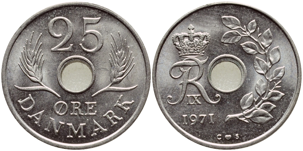 ДАНИЯ 25 ЭРЕ 1971 С; S, ФРЕДЕРИК IX (1947-1972) KM 855.1 медно-никель UNC 4398-1012