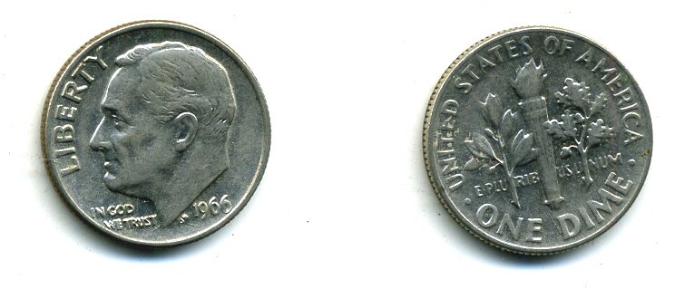 США 10 ЦЕНТОВ = 1 ДАЙМ 1966 РУЗВЕЛЬТ KM 195а медь плакированная медно-никелем 46-2346