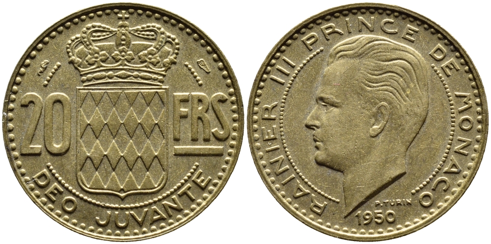 Монако 20 франков 1950 Ренье III (1949-2005) KM 131 алюминиевая бронза 4393-1242