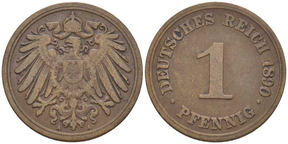 ГЕРМАНИЯ 1 ПФЕННИГ 1890 A KM 10, J. 10, Weege 2 медь 211-135