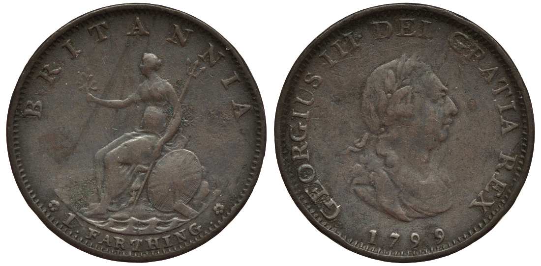 Великобритания 1 фартинг 1799 Георг III (1760-1820) KM 646, Spink 3779 медь 1523-1043